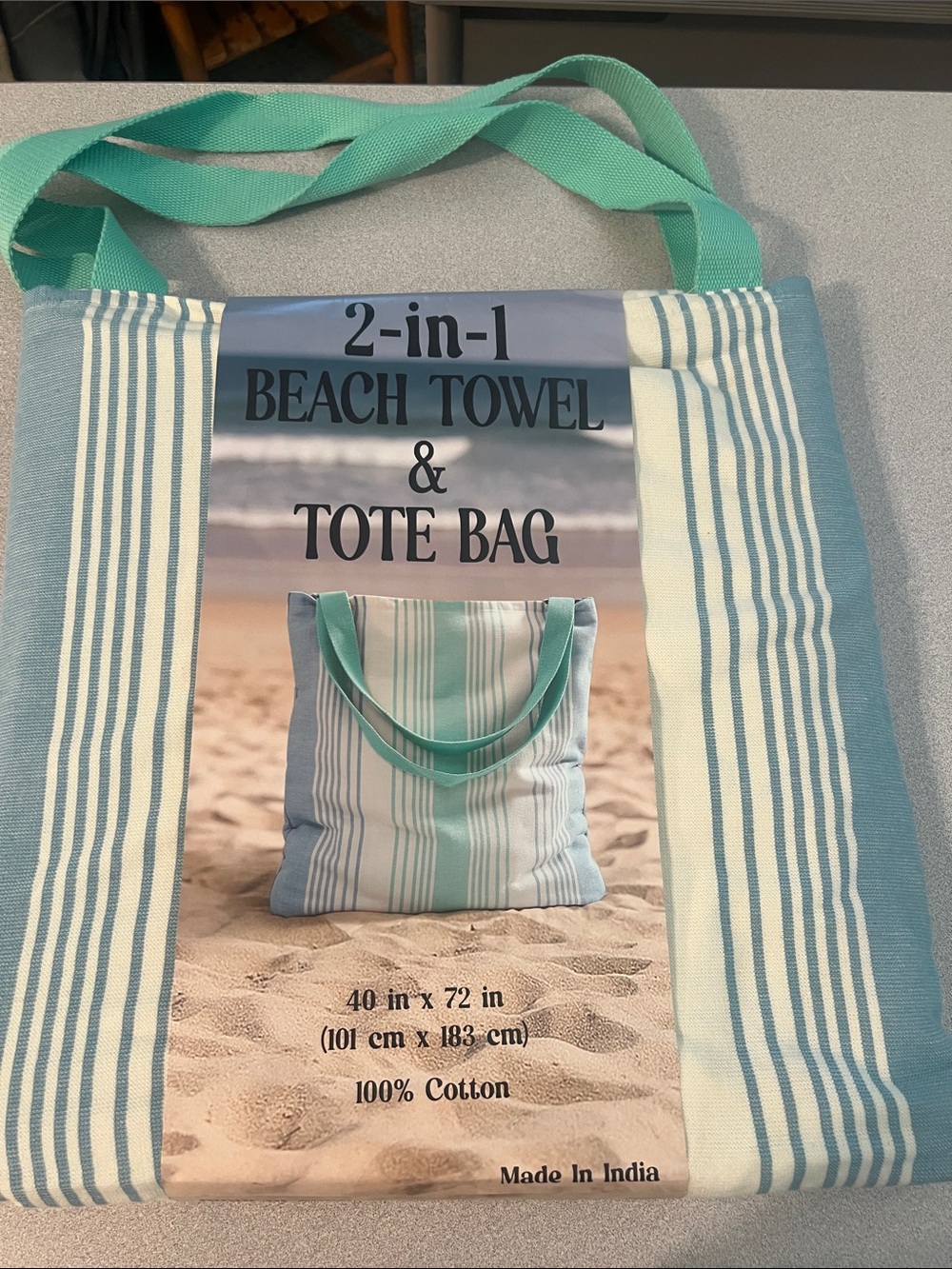 2-in-1 Beach Towel & Tote Bag - Aqua Stripe